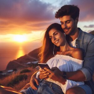 couple texting and missing out on a beautiful sunset.